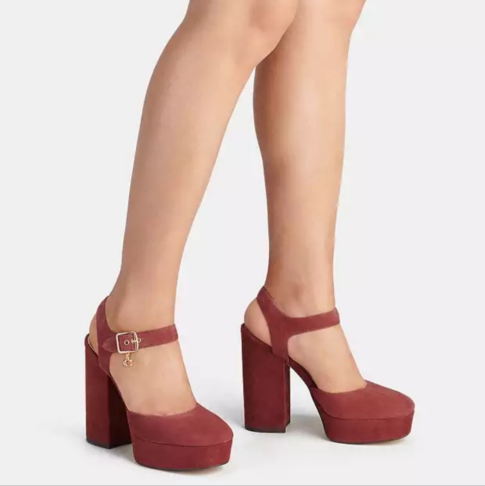 NWTB COACH Isabella suede chunky heel platform pumps size 9 deep red